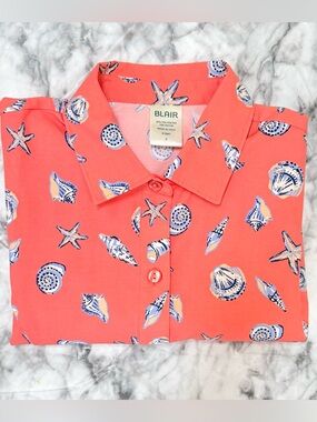 Blair Coral Shell & Starfish Short Sleeve Button-Up Shirt Sz Small
